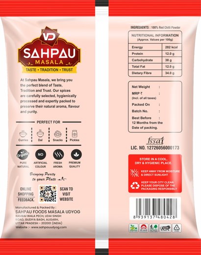VD Sahpau Masala Lal Mirch pack, back, with ingredients and nutritional information