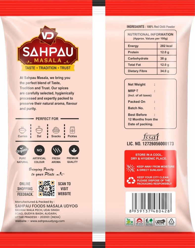 VD Sahpau Masala Lal Mirch pack, back, with ingredients and nutritional information