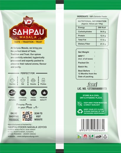 VD Sahpau Masala Dhaniya pack, back, with ingredients and nutritional information