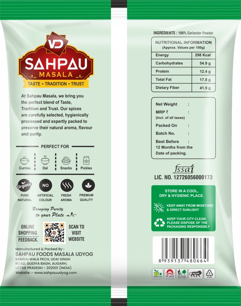 VD Sahpau Masala Dhaniya pack, back, with ingredients and nutritional information