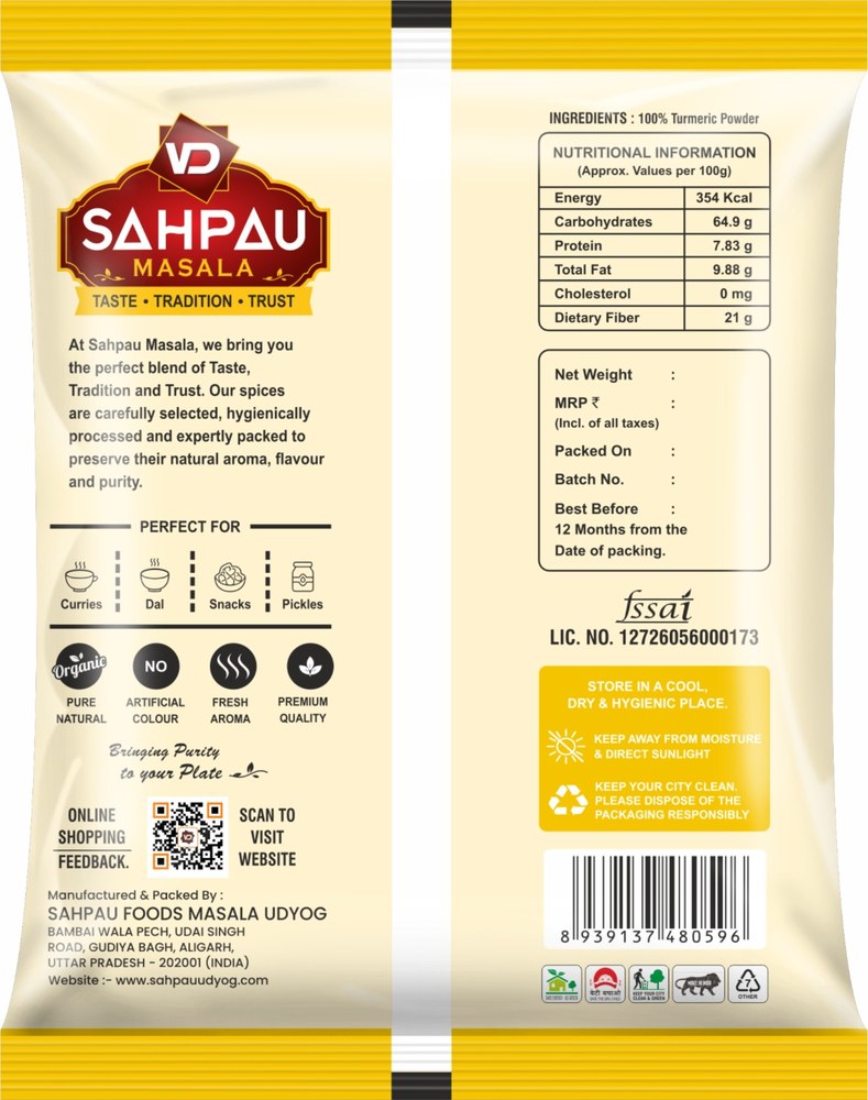 VD Sahpau Masala Haldi pack, back, with ingredients and nutritional information